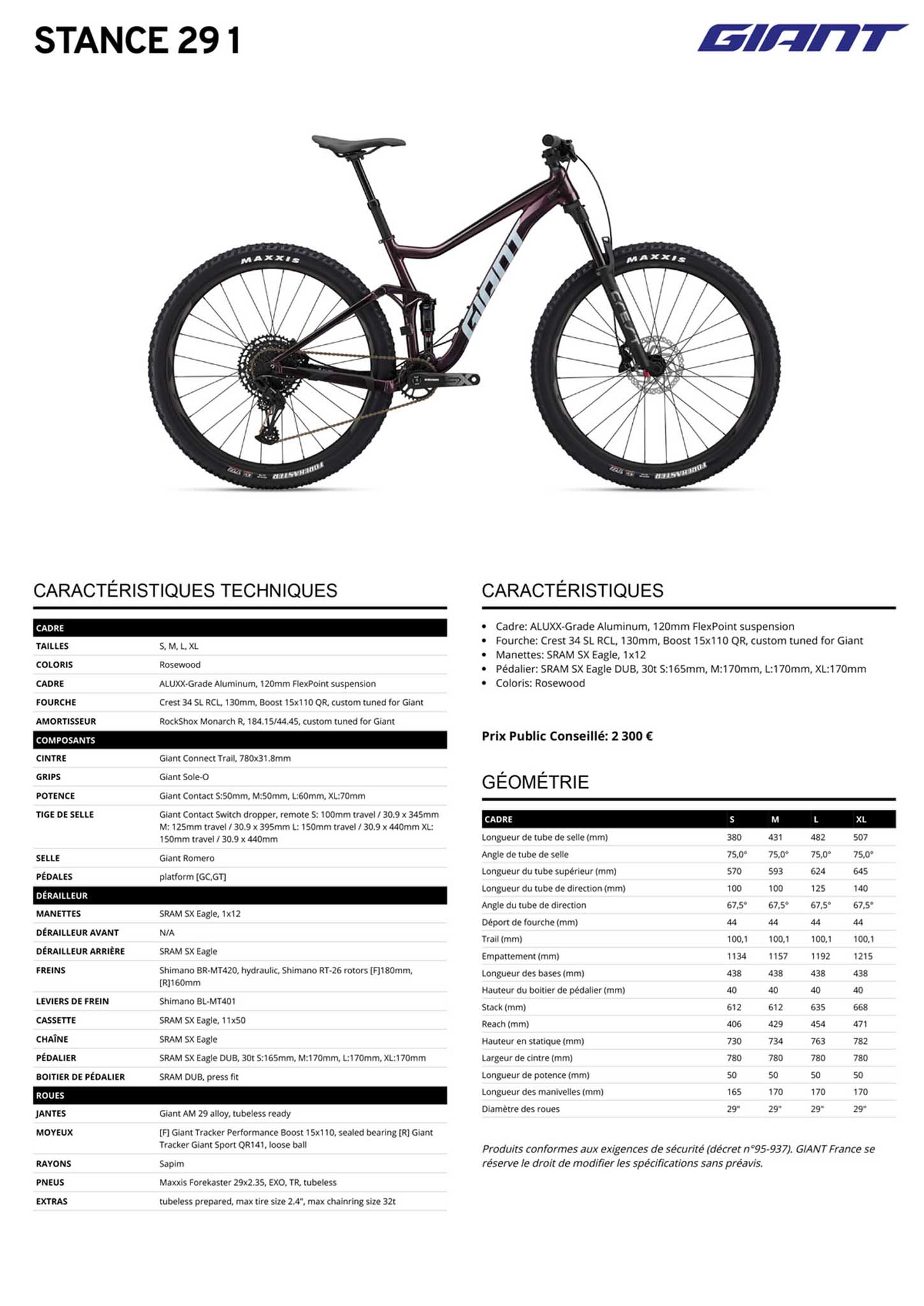 Fiche technique du velo Stance 29 1 année 2022